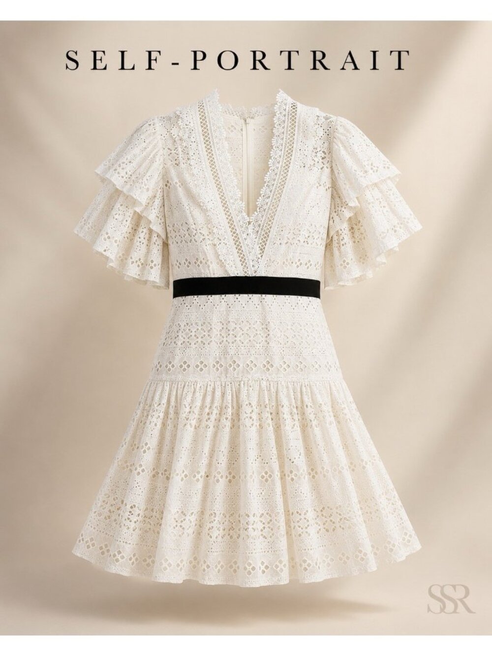 Self-Portrait Gena Chandler Dress 8 Ivory Eyelet Lace Flutter Sleeve NWT SP16-05